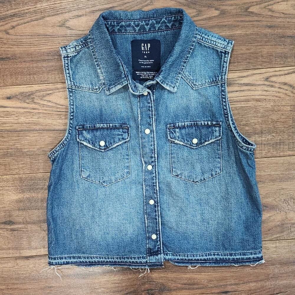 Gap Teen Girl's Denim Button Down Raw Hem Chest Pocket Vest X-Large XL